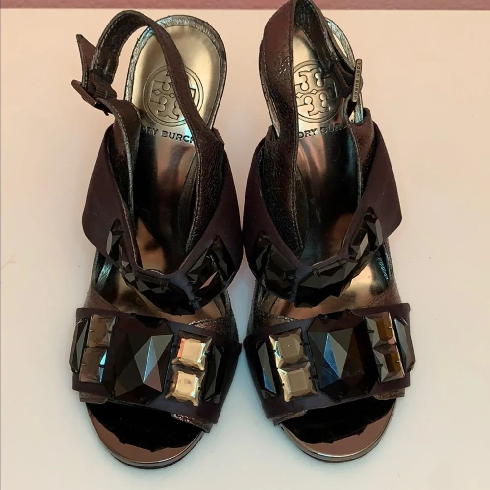 Tory Burch Bronze and Black Jeweled Slingback Heels